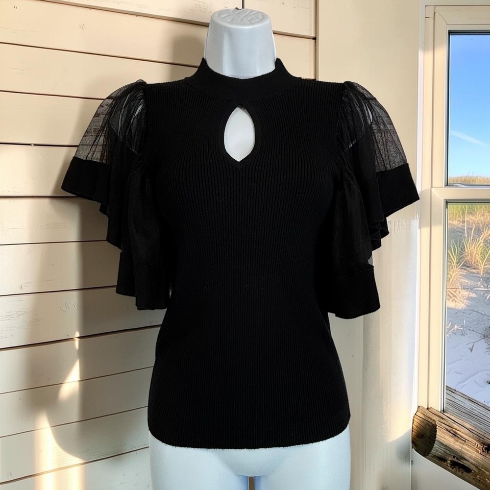 Ruffle Bell Short Sleeve Top S Black Mesh Keyhole Mock Witch Coquette Fairy Goth